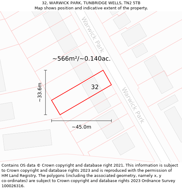 32, WARWICK PARK, TUNBRIDGE WELLS, TN2 5TB: Plot and title map