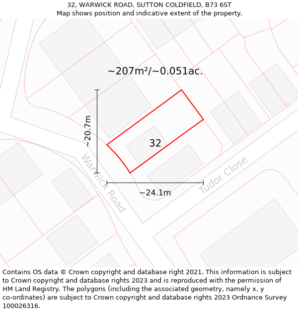 32, WARWICK ROAD, SUTTON COLDFIELD, B73 6ST: Plot and title map