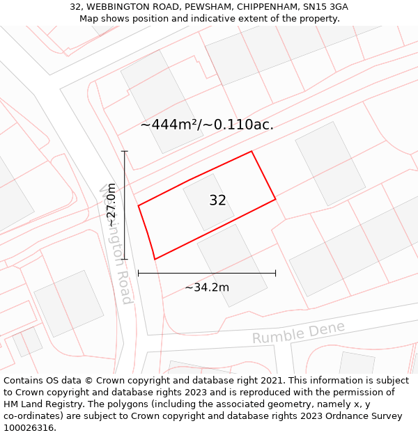 32, WEBBINGTON ROAD, PEWSHAM, CHIPPENHAM, SN15 3GA: Plot and title map