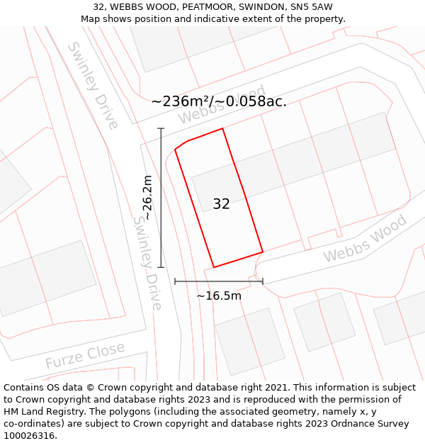 32, WEBBS WOOD, PEATMOOR, SWINDON, SN5 5AW: Plot and title map