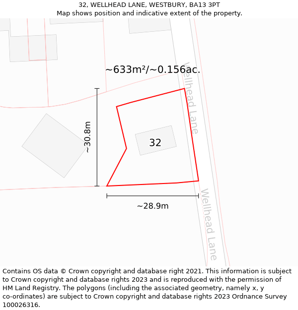 32, WELLHEAD LANE, WESTBURY, BA13 3PT: Plot and title map