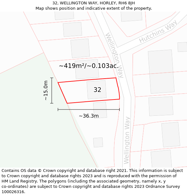 32, WELLINGTON WAY, HORLEY, RH6 8JH: Plot and title map