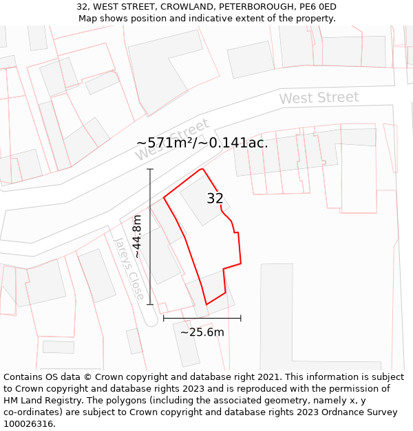32, WEST STREET, CROWLAND, PETERBOROUGH, PE6 0ED: Plot and title map
