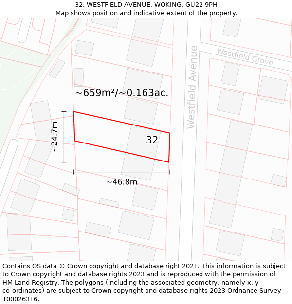 32, WESTFIELD AVENUE, WOKING, GU22 9PH: Plot and title map