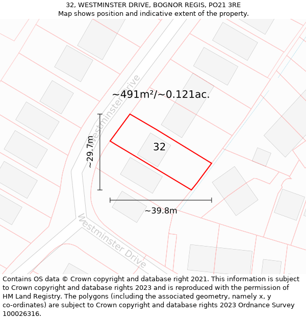 32, WESTMINSTER DRIVE, BOGNOR REGIS, PO21 3RE: Plot and title map