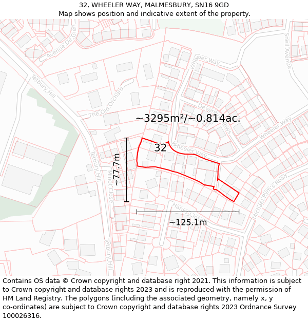 32, WHEELER WAY, MALMESBURY, SN16 9GD: Plot and title map