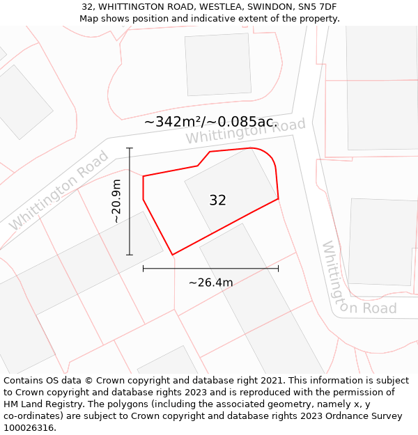 32, WHITTINGTON ROAD, WESTLEA, SWINDON, SN5 7DF: Plot and title map