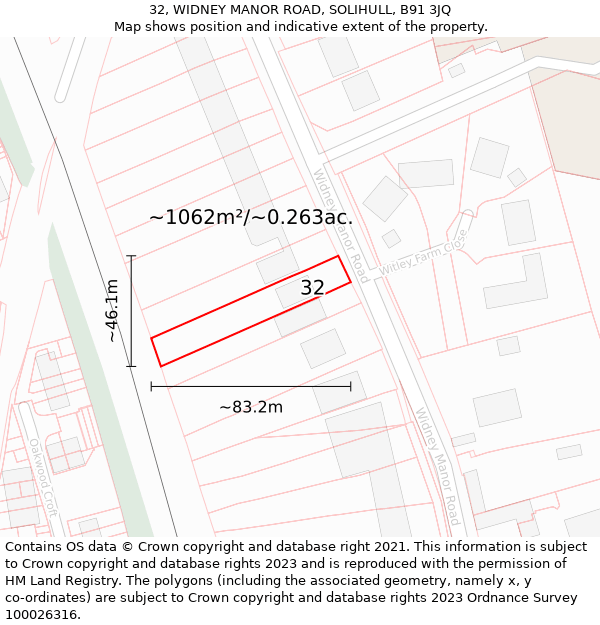 32, WIDNEY MANOR ROAD, SOLIHULL, B91 3JQ: Plot and title map