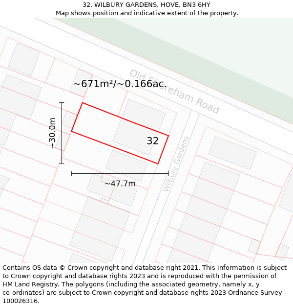 32, WILBURY GARDENS, HOVE, BN3 6HY: Plot and title map