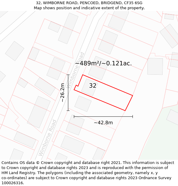 32, WIMBORNE ROAD, PENCOED, BRIDGEND, CF35 6SG: Plot and title map