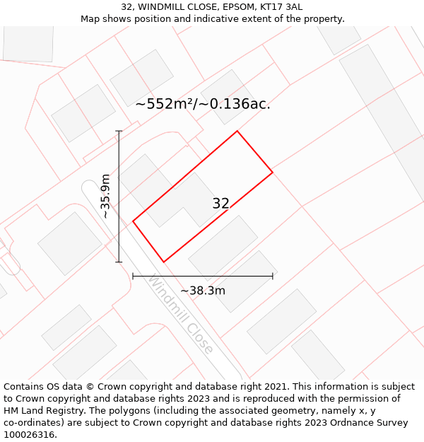 32, WINDMILL CLOSE, EPSOM, KT17 3AL: Plot and title map