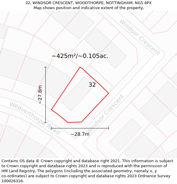 32, WINDSOR CRESCENT, WOODTHORPE, NOTTINGHAM, NG5 4PX: Plot and title map