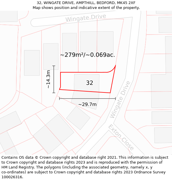 32, WINGATE DRIVE, AMPTHILL, BEDFORD, MK45 2XF: Plot and title map