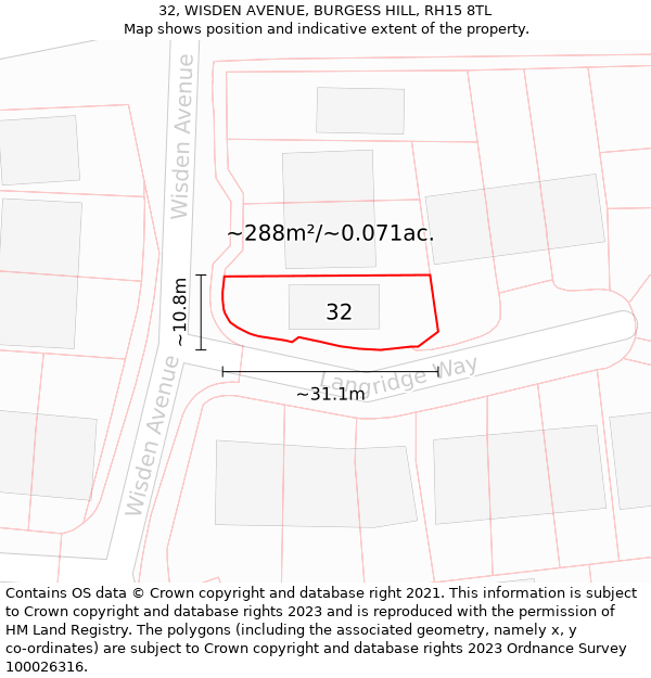 32, WISDEN AVENUE, BURGESS HILL, RH15 8TL: Plot and title map