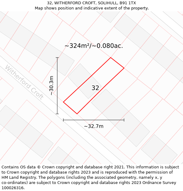 32, WITHERFORD CROFT, SOLIHULL, B91 1TX: Plot and title map