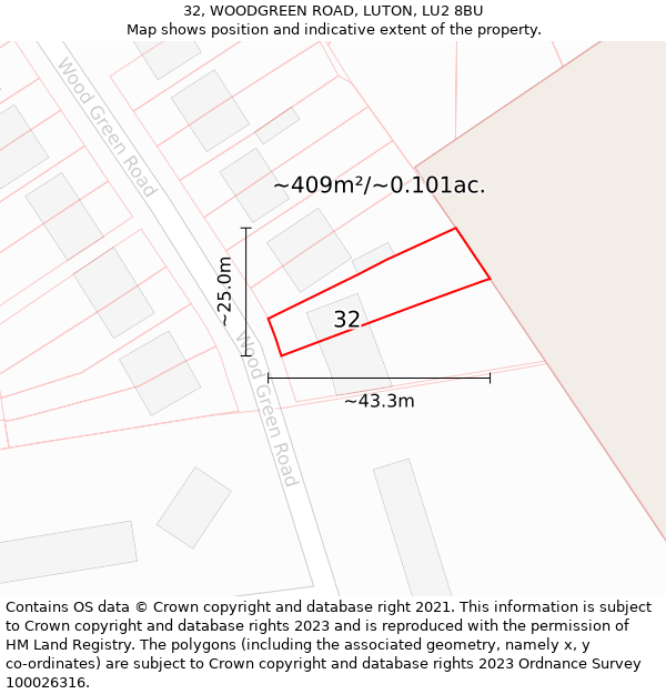 32, WOODGREEN ROAD, LUTON, LU2 8BU: Plot and title map