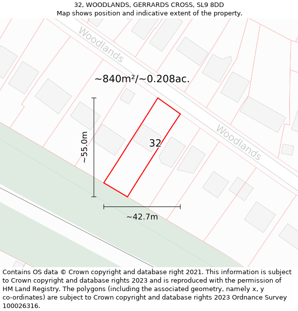 32, WOODLANDS, GERRARDS CROSS, SL9 8DD: Plot and title map