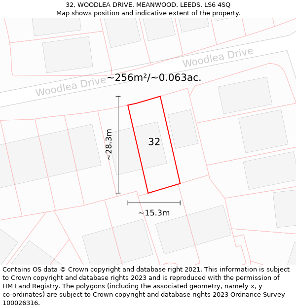 32, WOODLEA DRIVE, MEANWOOD, LEEDS, LS6 4SQ: Plot and title map