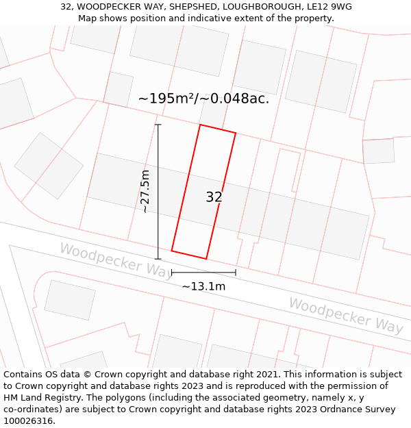 32, WOODPECKER WAY, SHEPSHED, LOUGHBOROUGH, LE12 9WG: Plot and title map
