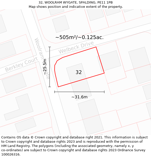 32, WOOLRAM WYGATE, SPALDING, PE11 1PB: Plot and title map