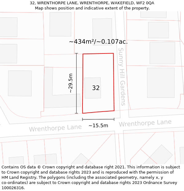 32, WRENTHORPE LANE, WRENTHORPE, WAKEFIELD, WF2 0QA: Plot and title map