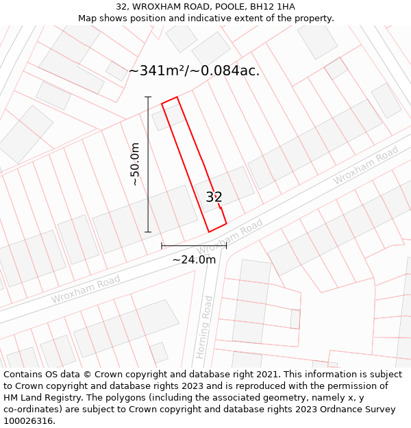 32, WROXHAM ROAD, POOLE, BH12 1HA: Plot and title map