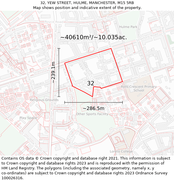 32, YEW STREET, HULME, MANCHESTER, M15 5RB: Plot and title map