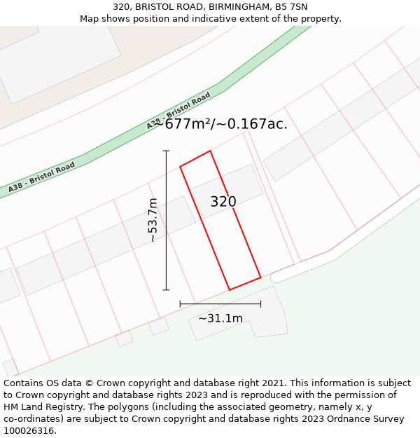 320, BRISTOL ROAD, BIRMINGHAM, B5 7SN: Plot and title map