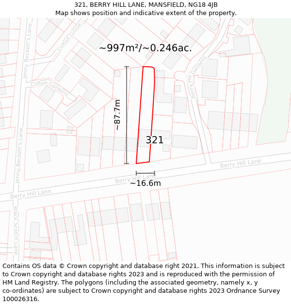 321, BERRY HILL LANE, MANSFIELD, NG18 4JB: Plot and title map