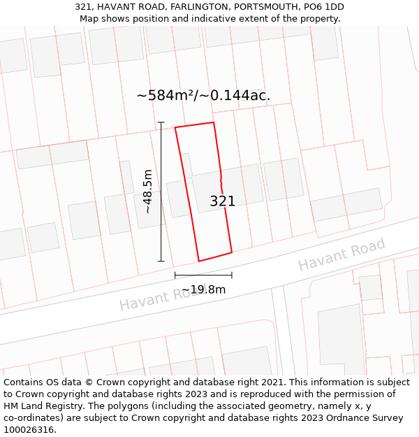 321, HAVANT ROAD, FARLINGTON, PORTSMOUTH, PO6 1DD: Plot and title map