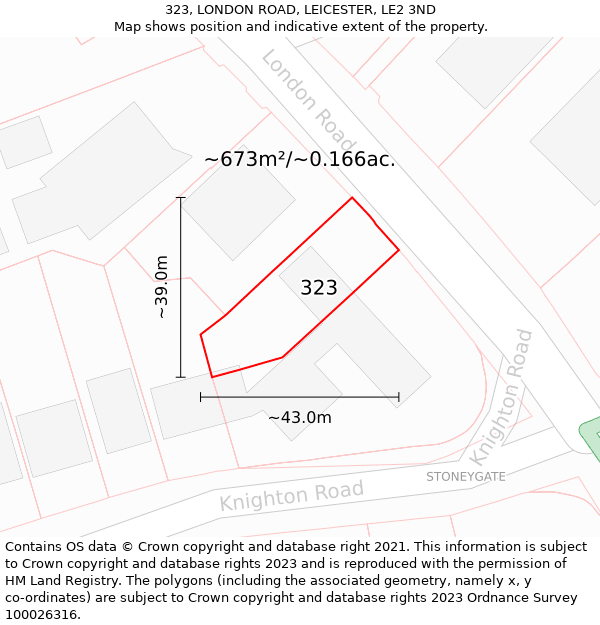 323, LONDON ROAD, LEICESTER, LE2 3ND: Plot and title map