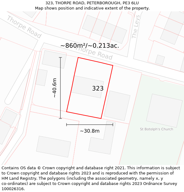 323, THORPE ROAD, PETERBOROUGH, PE3 6LU: Plot and title map