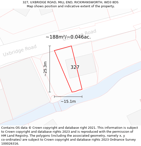 327, UXBRIDGE ROAD, MILL END, RICKMANSWORTH, WD3 8DS: Plot and title map