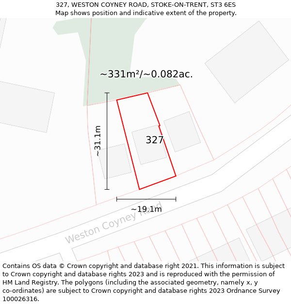 327, WESTON COYNEY ROAD, STOKE-ON-TRENT, ST3 6ES: Plot and title map