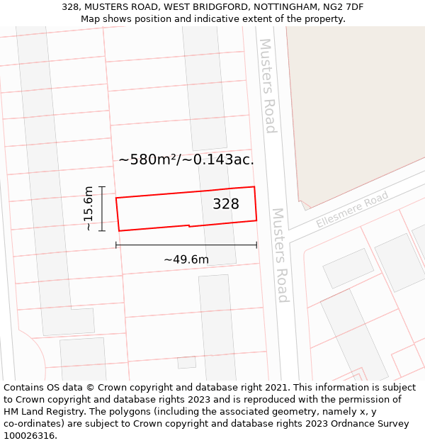 328, MUSTERS ROAD, WEST BRIDGFORD, NOTTINGHAM, NG2 7DF: Plot and title map