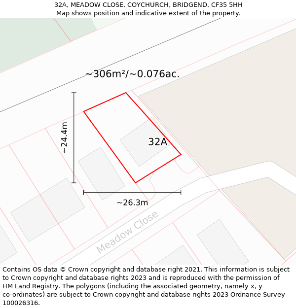 32A, MEADOW CLOSE, COYCHURCH, BRIDGEND, CF35 5HH: Plot and title map