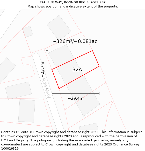 32A, RIFE WAY, BOGNOR REGIS, PO22 7BP: Plot and title map