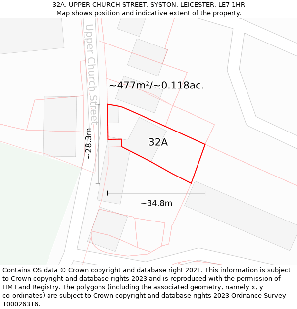 32A, UPPER CHURCH STREET, SYSTON, LEICESTER, LE7 1HR: Plot and title map