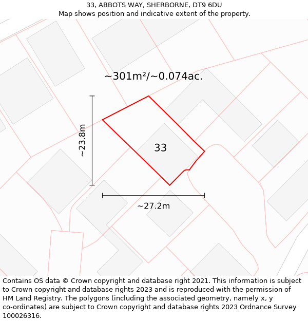 33, ABBOTS WAY, SHERBORNE, DT9 6DU: Plot and title map