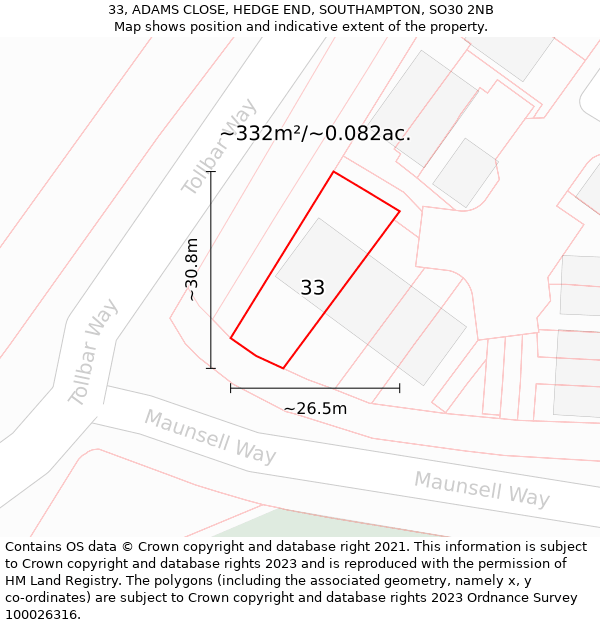 33, ADAMS CLOSE, HEDGE END, SOUTHAMPTON, SO30 2NB: Plot and title map