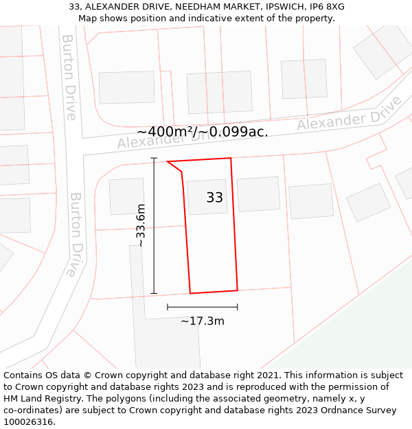 33, ALEXANDER DRIVE, NEEDHAM MARKET, IPSWICH, IP6 8XG: Plot and title map