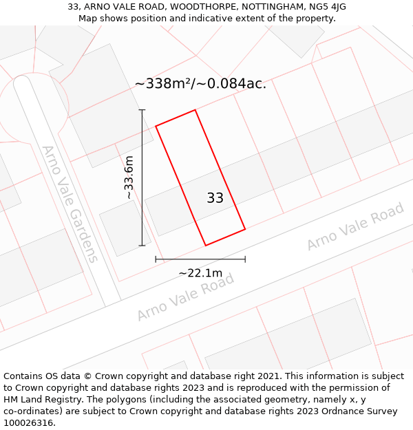 33, ARNO VALE ROAD, WOODTHORPE, NOTTINGHAM, NG5 4JG: Plot and title map