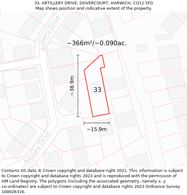 33, ARTILLERY DRIVE, DOVERCOURT, HARWICH, CO12 5FG: Plot and title map