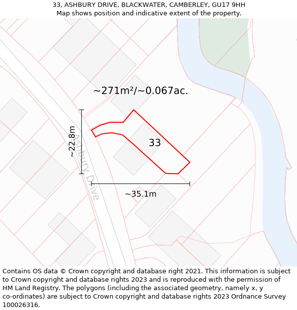 33, ASHBURY DRIVE, BLACKWATER, CAMBERLEY, GU17 9HH: Plot and title map