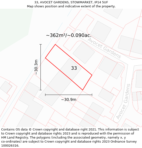 33, AVOCET GARDENS, STOWMARKET, IP14 5UF: Plot and title map