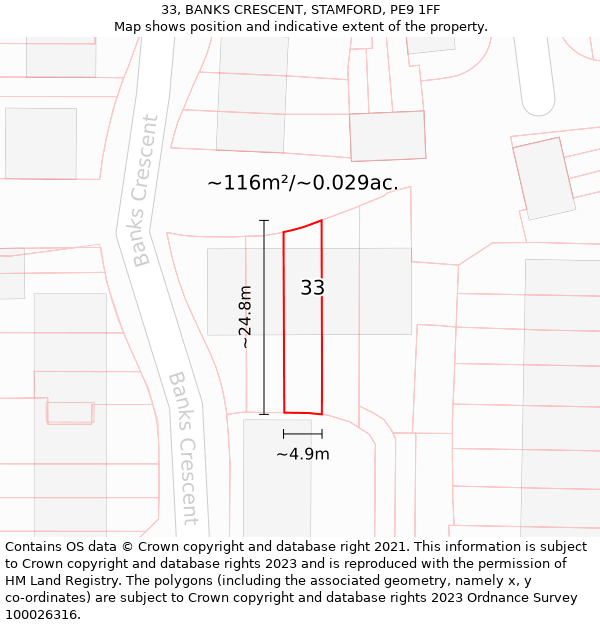 33, BANKS CRESCENT, STAMFORD, PE9 1FF: Plot and title map