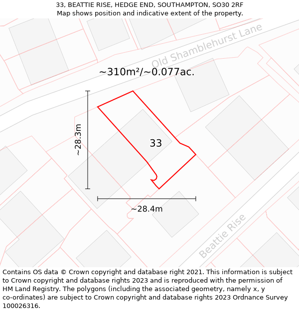 33, BEATTIE RISE, HEDGE END, SOUTHAMPTON, SO30 2RF: Plot and title map