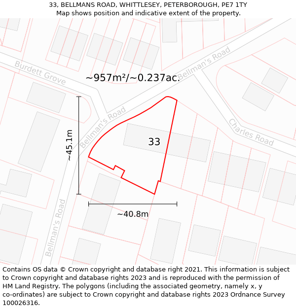 33, BELLMANS ROAD, WHITTLESEY, PETERBOROUGH, PE7 1TY: Plot and title map