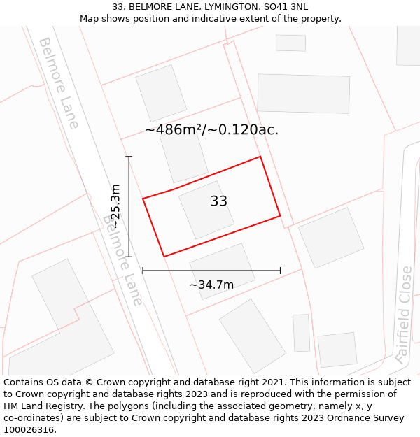 33, BELMORE LANE, LYMINGTON, SO41 3NL: Plot and title map