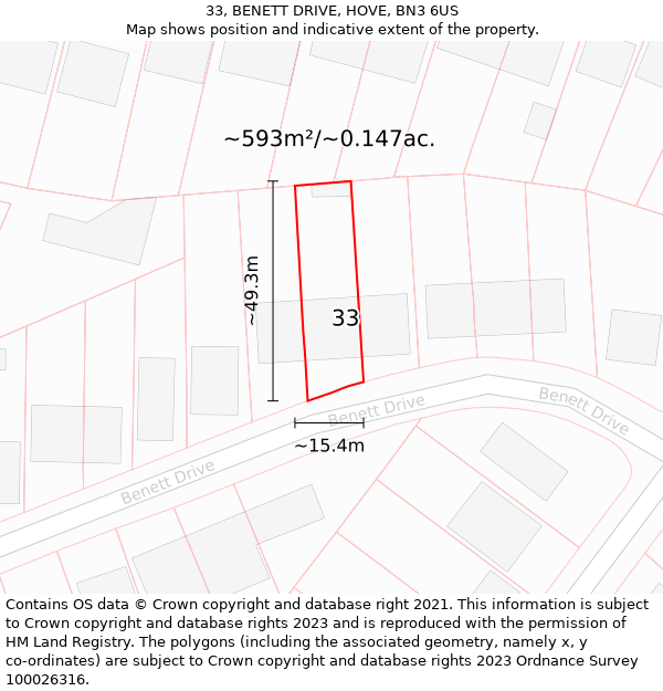 33, BENETT DRIVE, HOVE, BN3 6US: Plot and title map